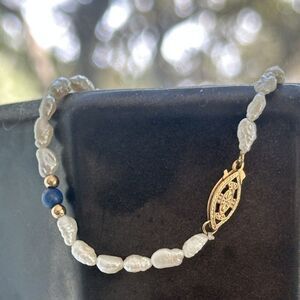 Vintage Rice Pearl Bracelet 12k gf clasp and lapis beads